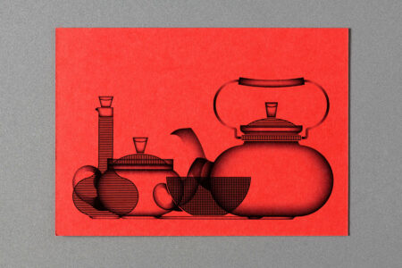 Červená pohlednice se Sutnarovým čajovým servisem
